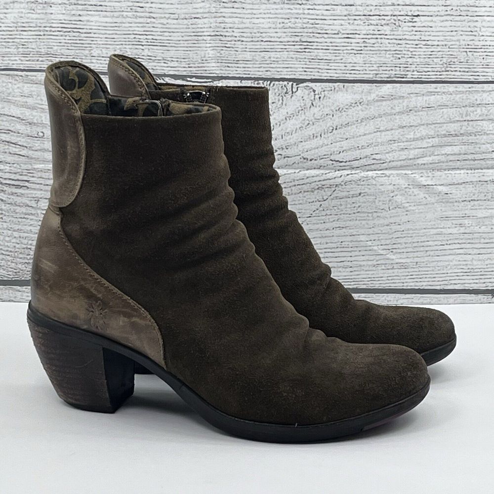 Fly London Hota Olive Brown Suede Leather‎ Ruched Block Heel Ankle Boots Sz 9/40